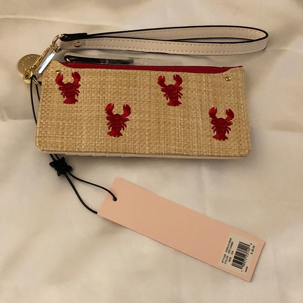 BCBG Generation Natural Color Straw Card Wallet Red Embroidered Lobsters NWT - Picture 2 of 16